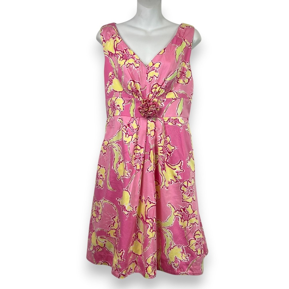 Lilly Pulitzer Parker V Neck Dress Womens 14 Pink Floral Resort Preppy Summer